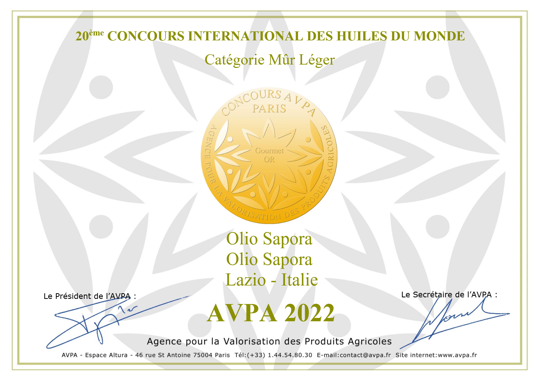 Medaglia d'Oro Gourmet – 20ème Concours International des Huiles du Monde AVPA 2022, categoria Mûr Léger