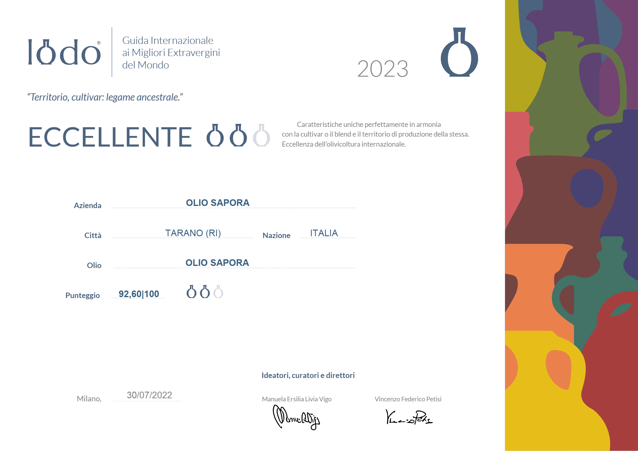 Eccellente (92,60/100) – Guida Internazionale ai Migliori Extravergini del Mondo iOdO 2023
