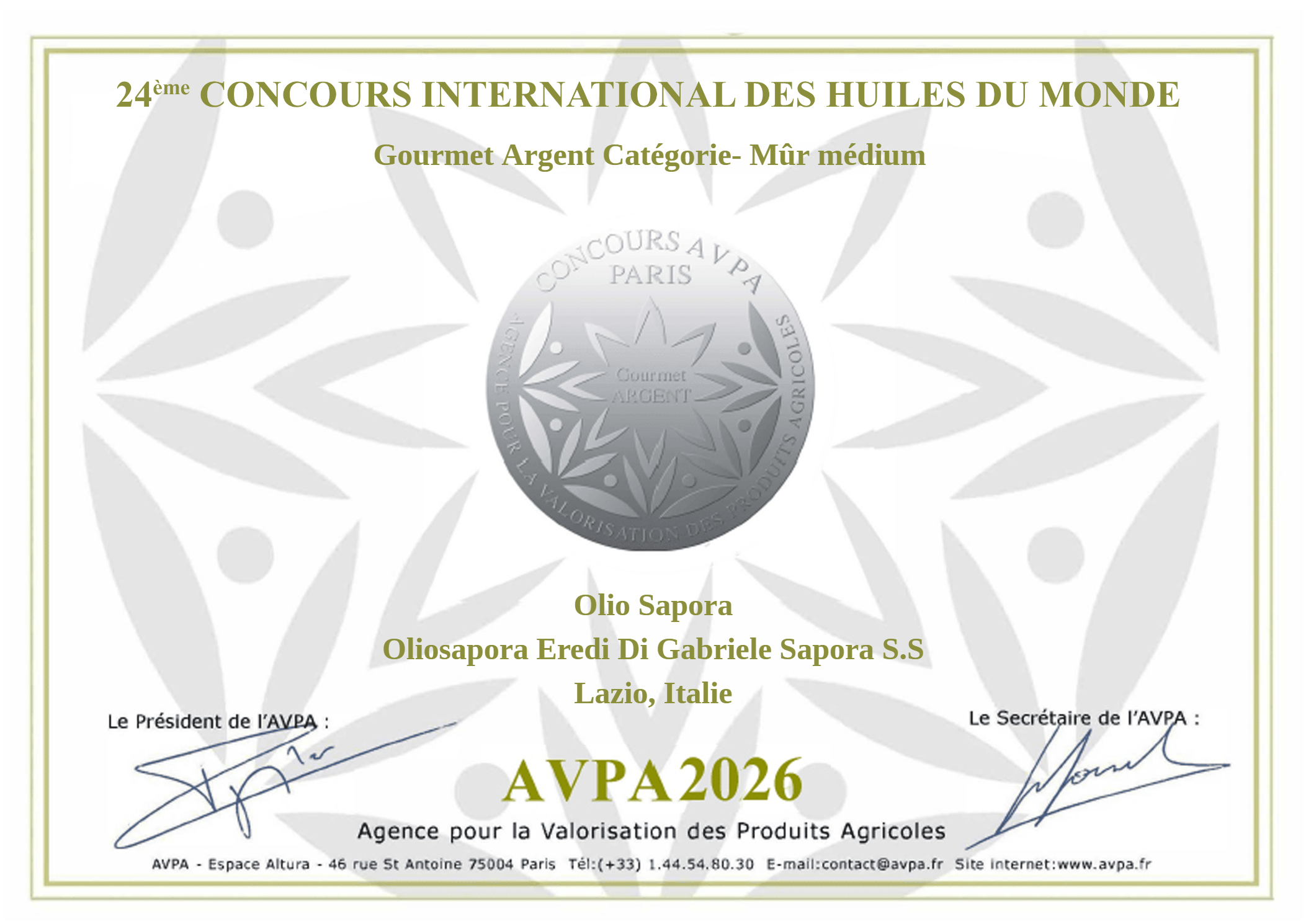 Medaglia d'Argento Gourmet – 24ème Concours International des Huiles du Monde AVPA 2026, categoria Mûr Médium