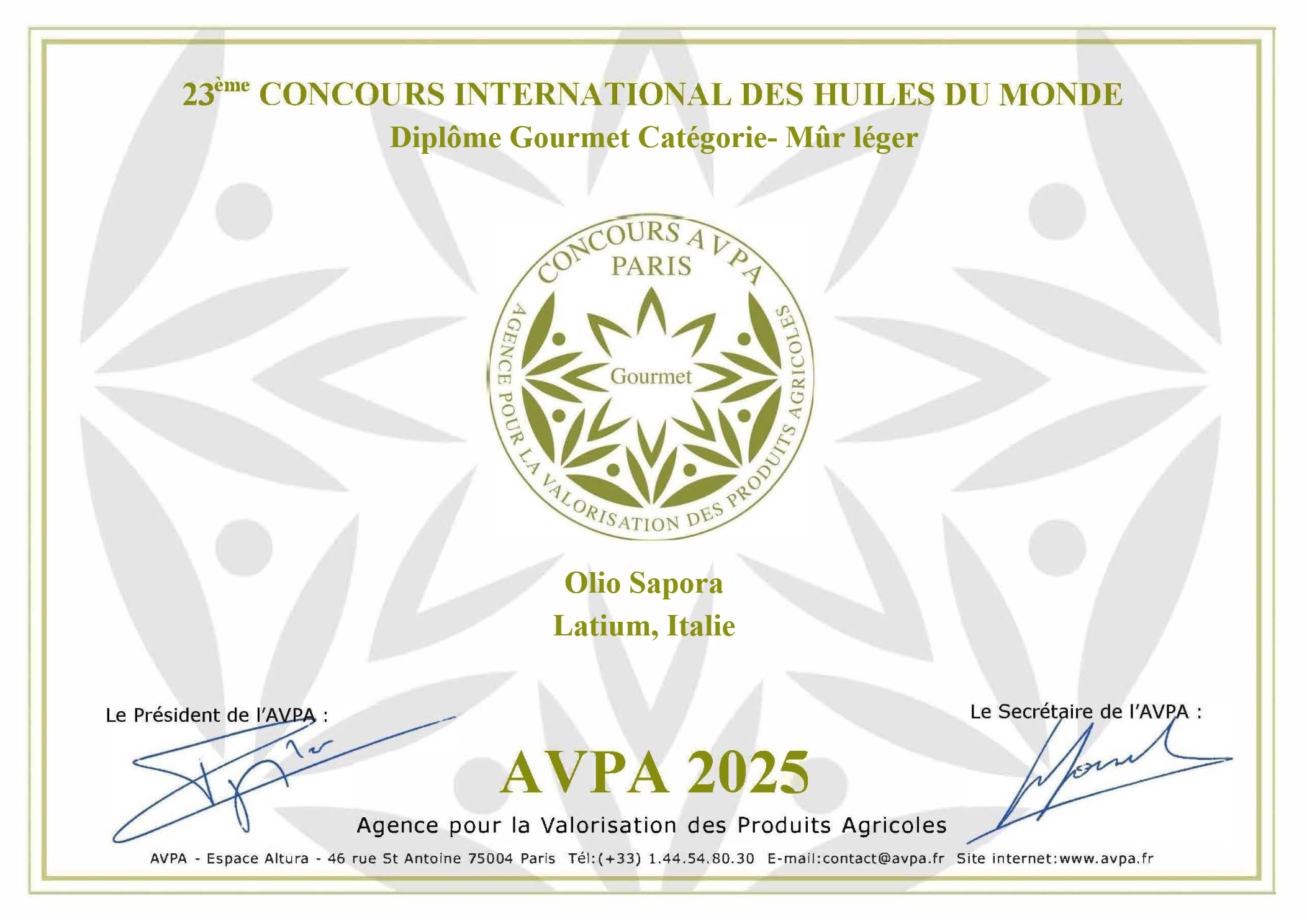 Diploma Gourmet – 23ème Concours International des Huiles du Monde AVPA 2025, categoria Mûr Léger